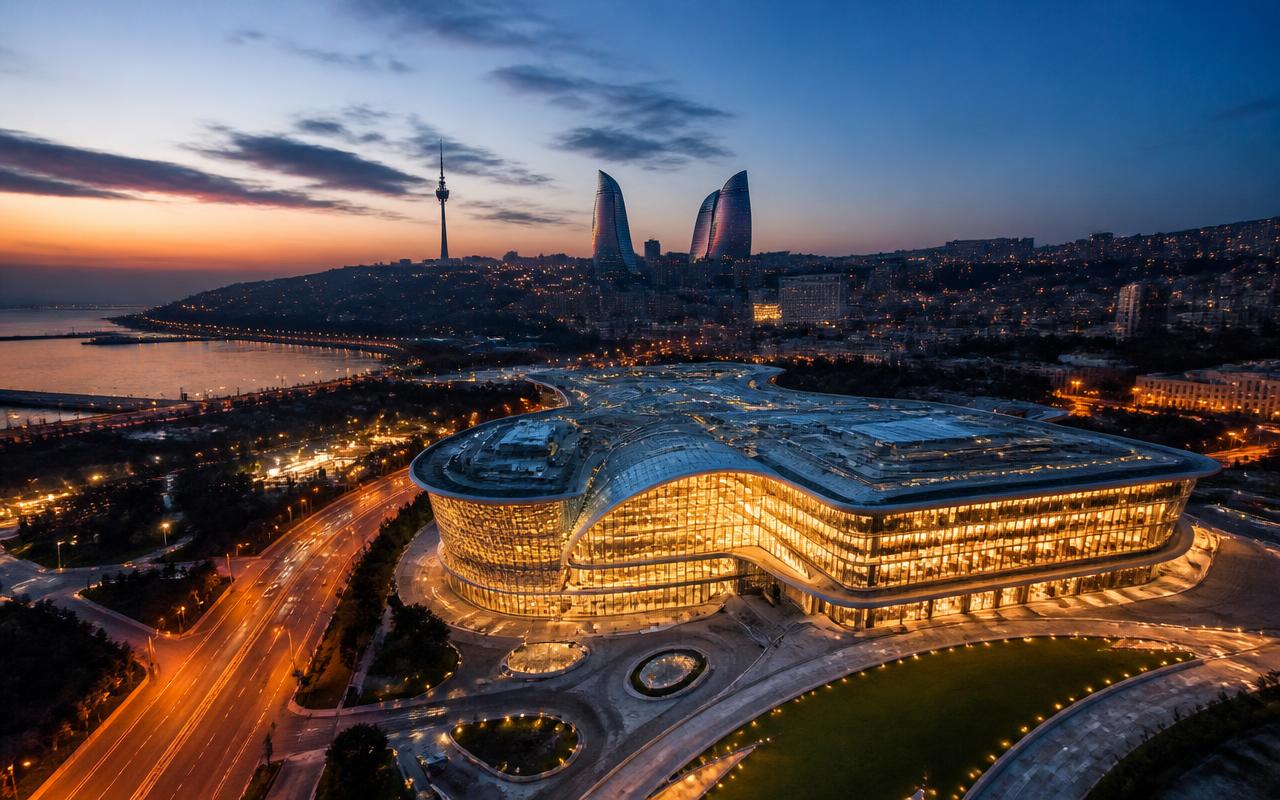 Baku skyline and a contemporary mall at dusk